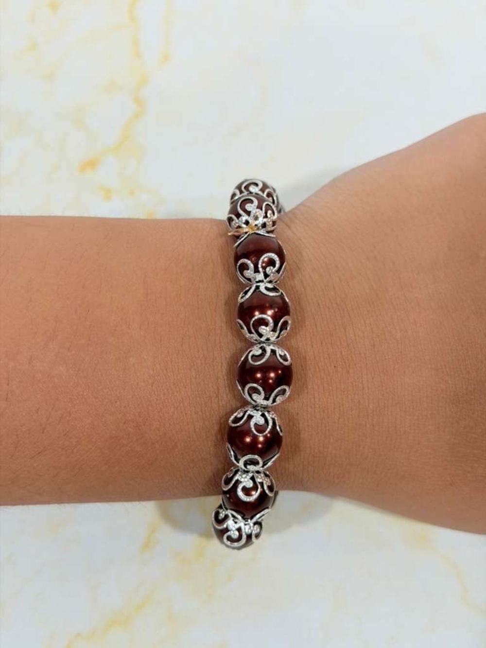 Elegant Brown Pearl & Silver Filigree Bracelet - Women Jewelry